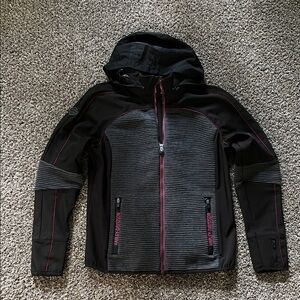 Women’s Harley- Davidson Jacket Black and Gray Hooded Jacket with Red Accents
